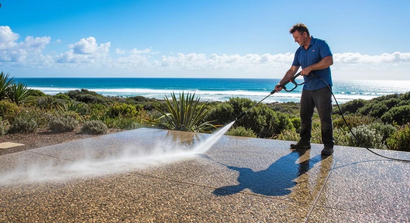 Homeowner cleaning exposed aggregate concrete surface with a pressure washer in a coastal environment