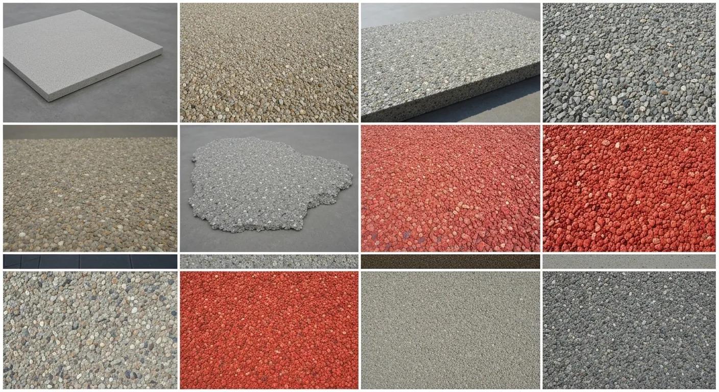 Samples of customizable exposed aggregate concrete options, including different aggregates, colors, and finishes