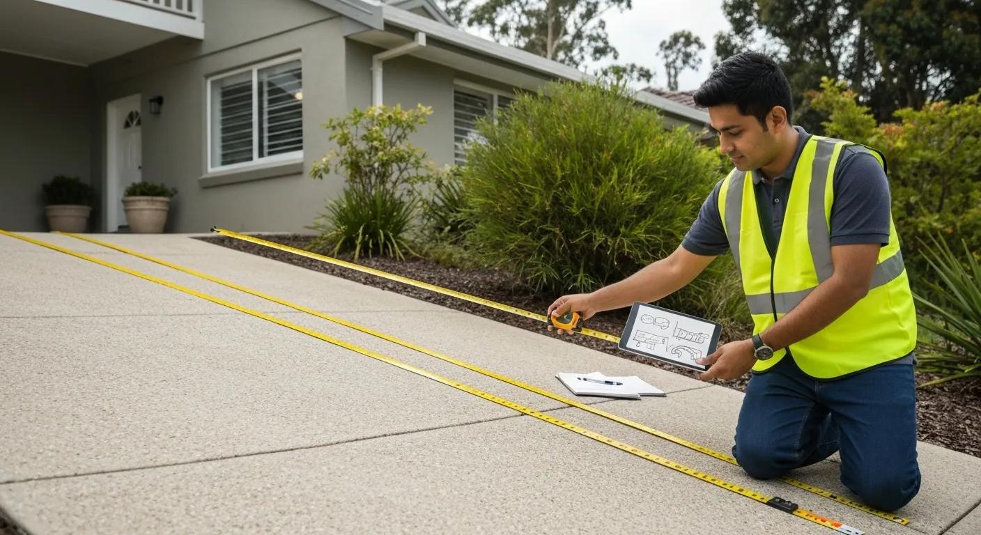 Professional measuring gradients during a driveway site assessment, emphasizing the consultation process