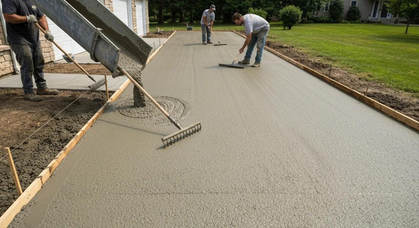 Concrete being poured and finished on a driveway, illustrating the pouring techniques and construction process