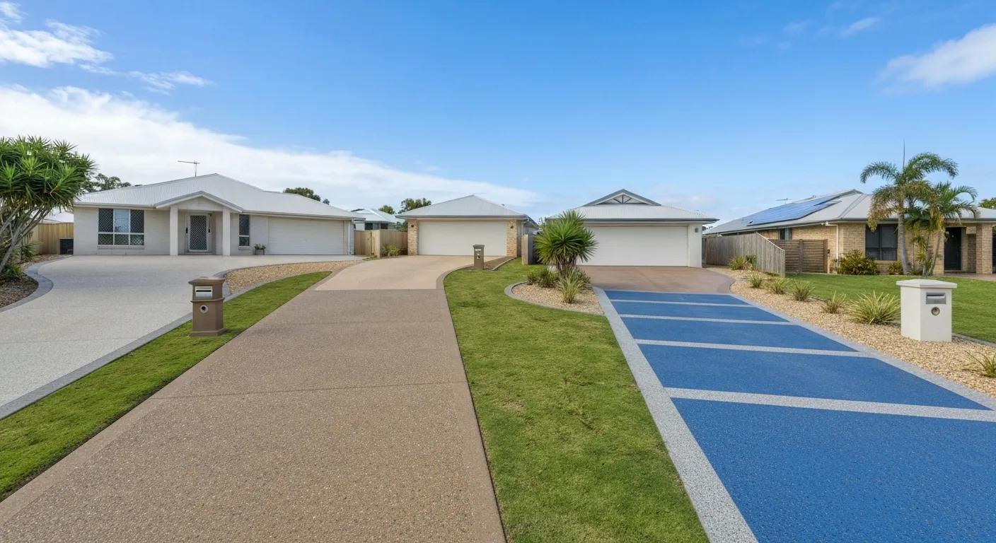Different types of concrete driveways in Hervey Bay, including exposed aggregate and colored finishes in a residential setting