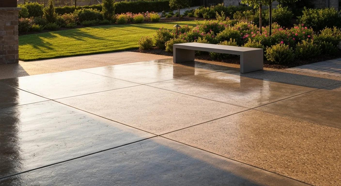 Decorative concrete solutions including polished patios and exposed aggregate in a landscaped outdoor area