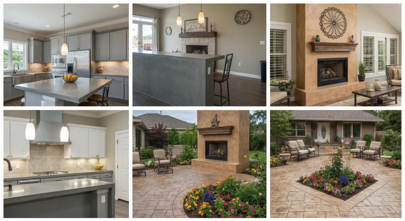 Variety of decorative concrete finishes in a residential setting, showcasing aesthetic appeal and functionality