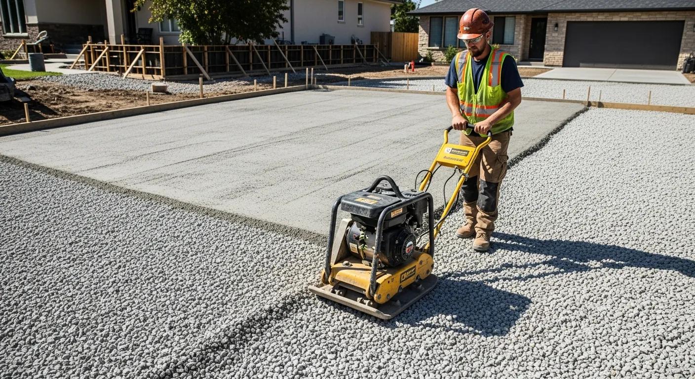 Construction worker compacting gravel for concrete driveway base preparation