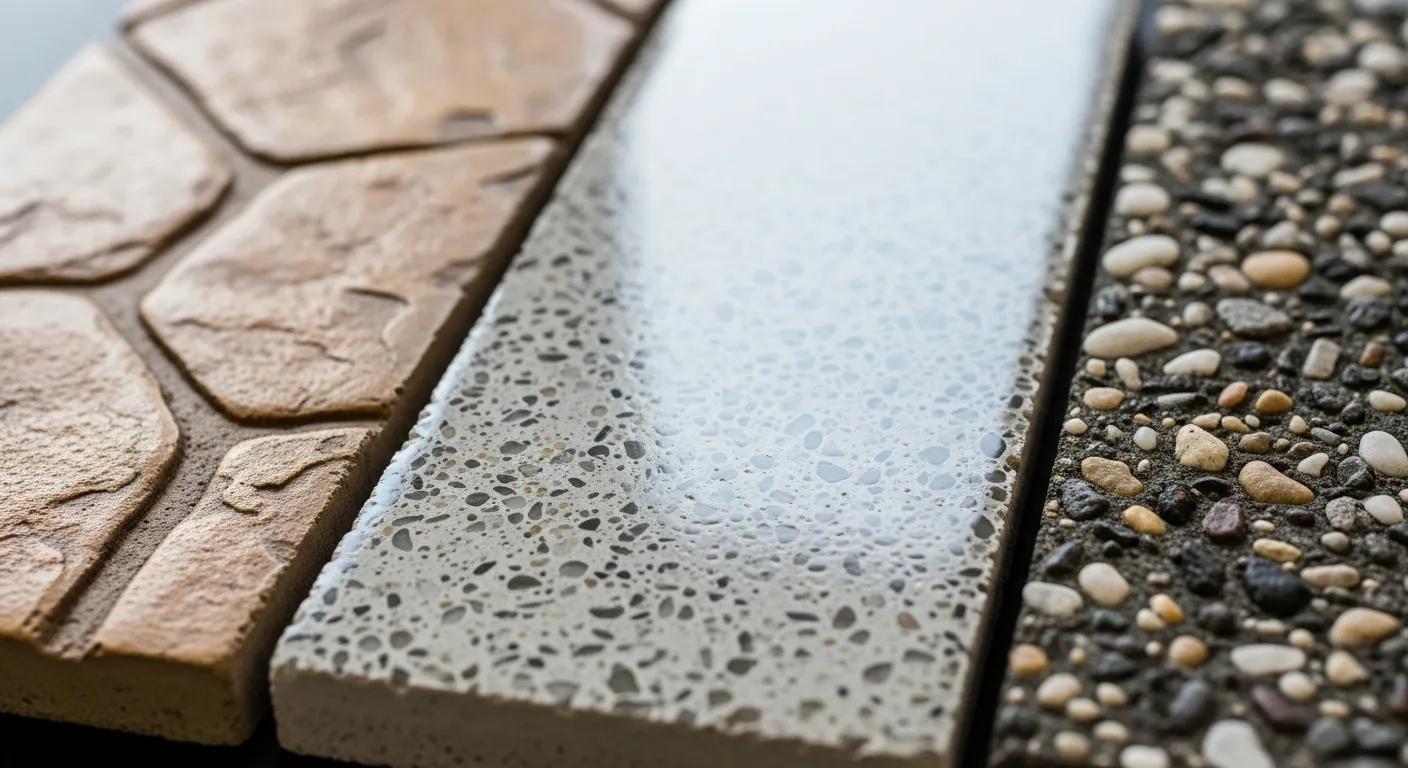 Close-up of various decorative concrete finishes, showcasing stamped, polished, and exposed aggregate textures