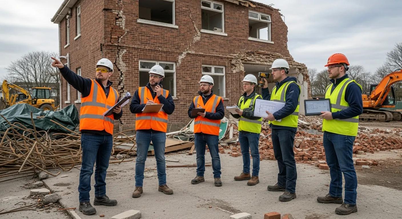 Workers conducting a site assessment for demolition with safety equipment