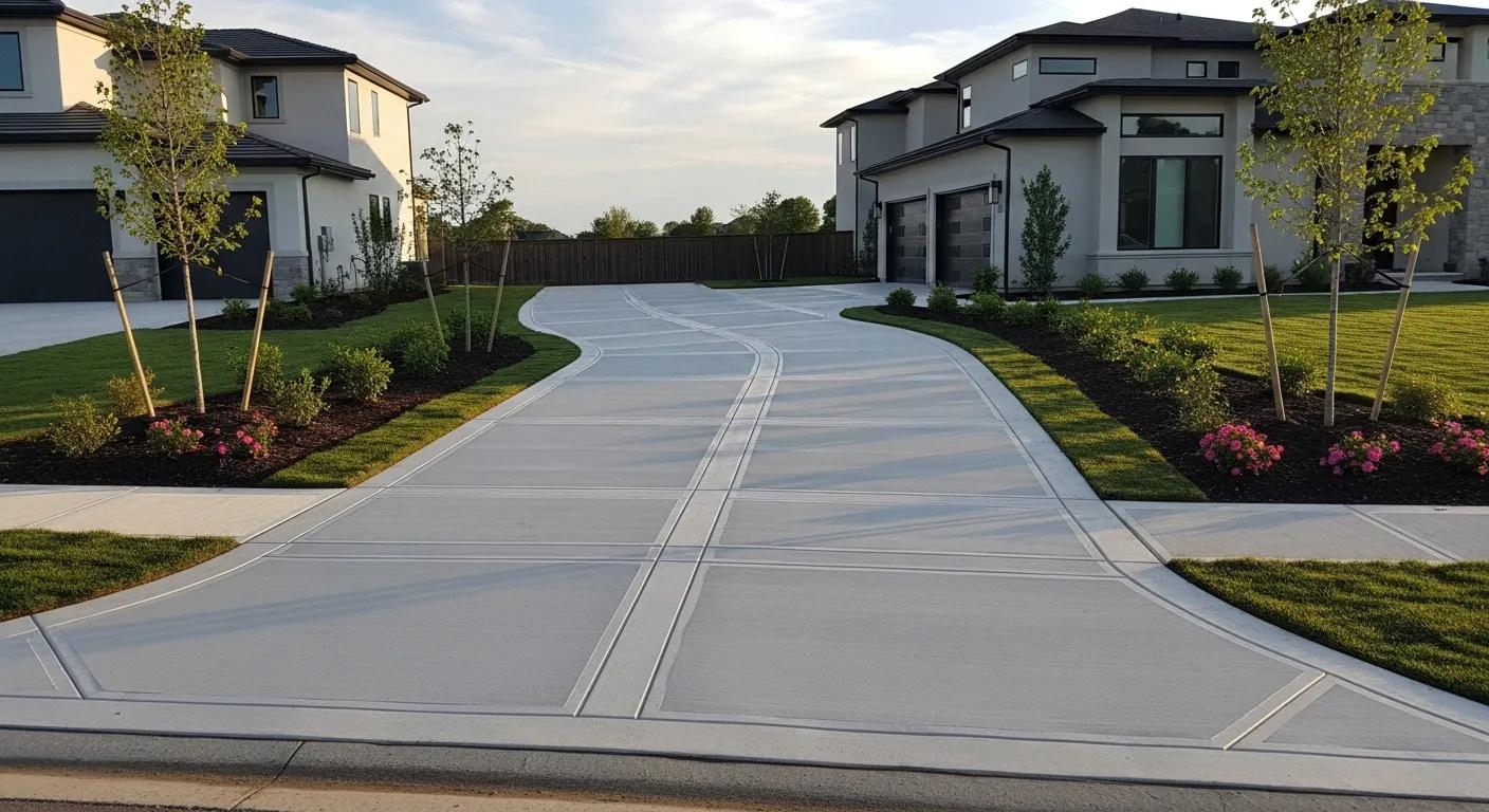 Newly installed concrete driveway in a residential setting, showcasing smooth finish and modern design