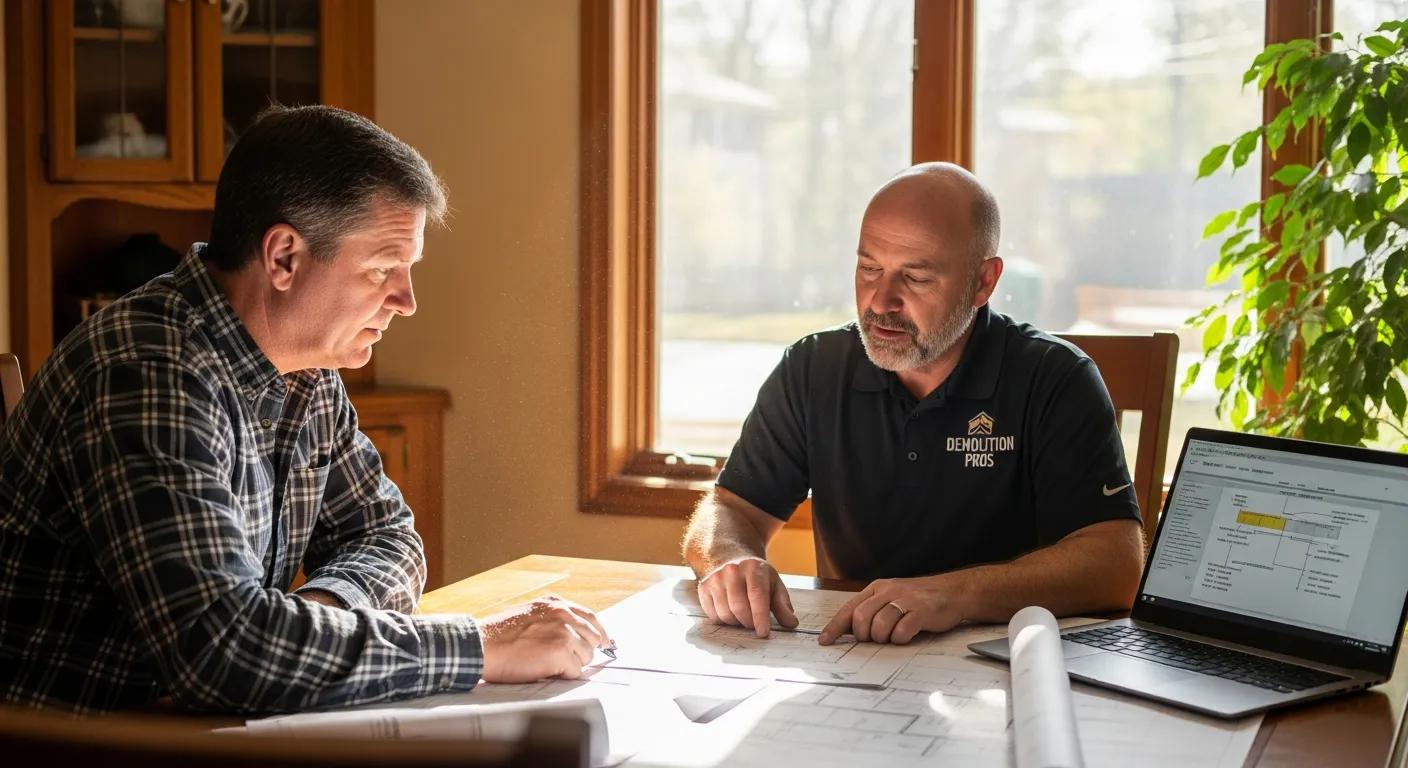 Homeowner discussing demolition permits with a licensed contractor