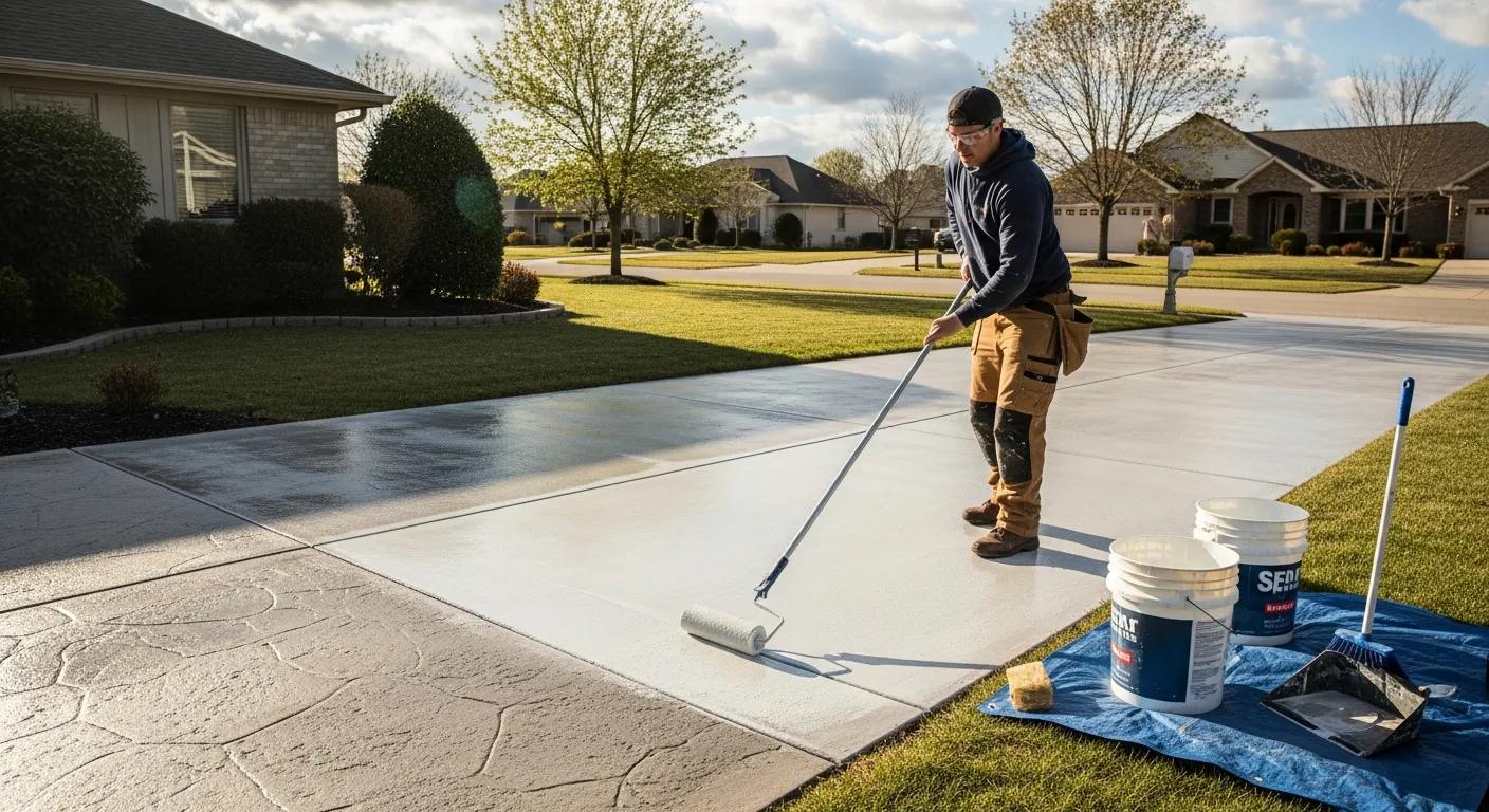 Applying sealer to a concrete driveway for protection against weather and wear