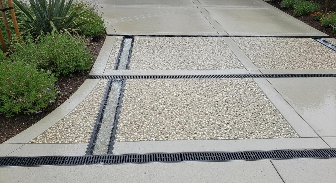 Sustainable drainage system with permeable paving and channel drains for concrete driveway
